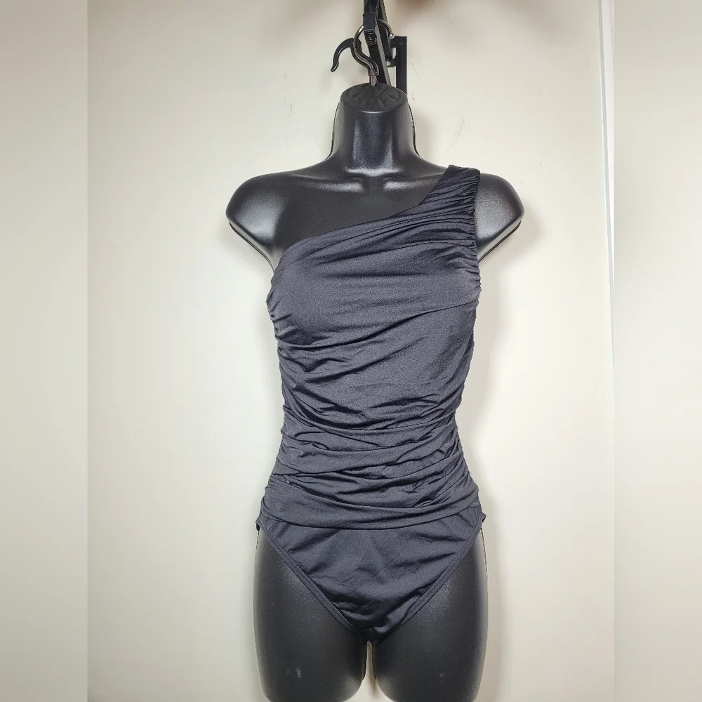 La Blanca Island Goddess One Shoulder Ruched One Piece Swim Suit sz 4 LB4KV14